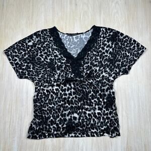 Maurices Leopard Print Short Sleeve V-Neck Black Gray Lace Trim Stretchy 2X Top